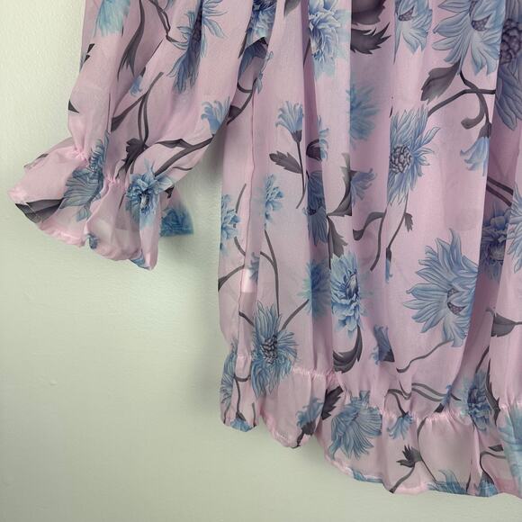 Womens Chiffon Floral Puff Sleeve Boat Tie Neck Romantic Pink/Blue Top Small - Picture 7 of 10